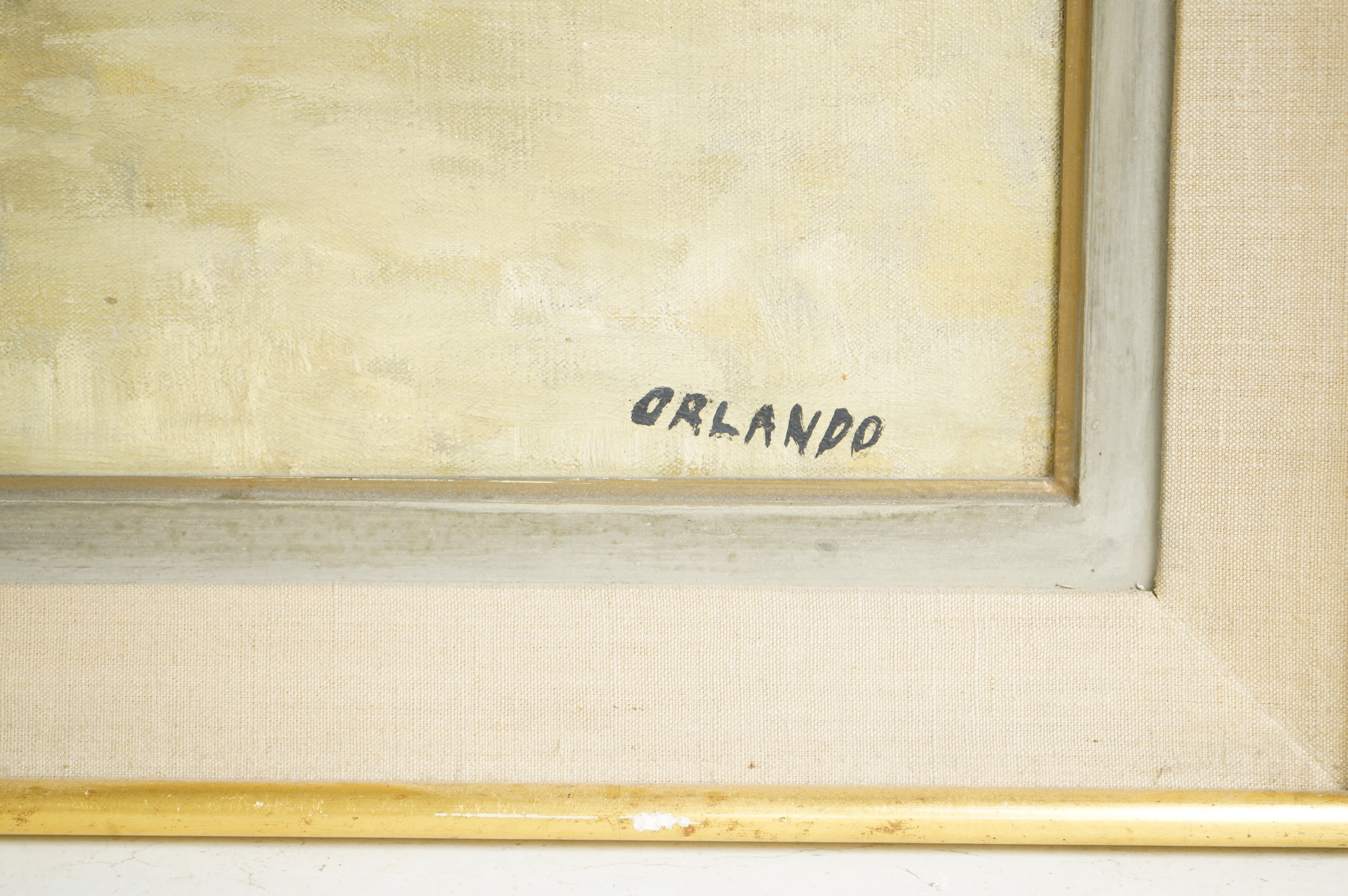 Orlando, Harbour view with beached fishing boats, signed, Modern British oil on canvas, 39 x 78cm